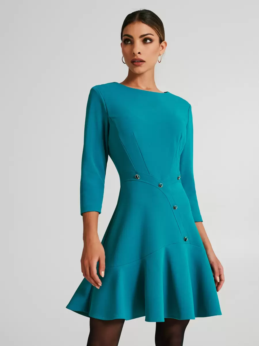 Women Short Dress With Full Skirt And Buttons Dresses & Jumpsuits Stylish Verde Petrolio - 4