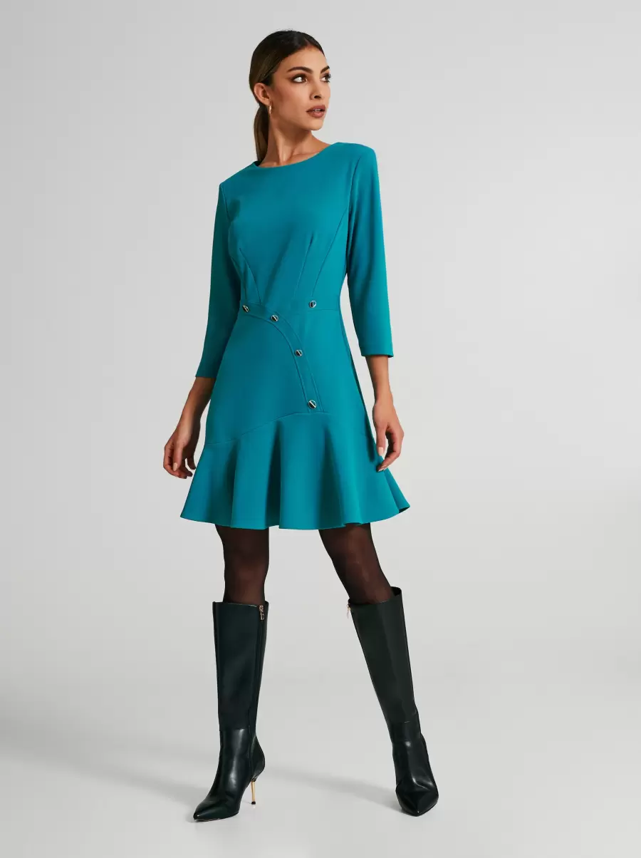 Women Short Dress With Full Skirt And Buttons Dresses & Jumpsuits Stylish Verde Petrolio