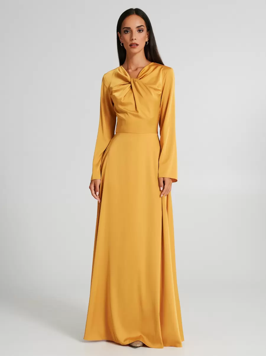 Exceptional Ocra Yellow Dresses & Jumpsuits Women Satin Dress With Knot - 1