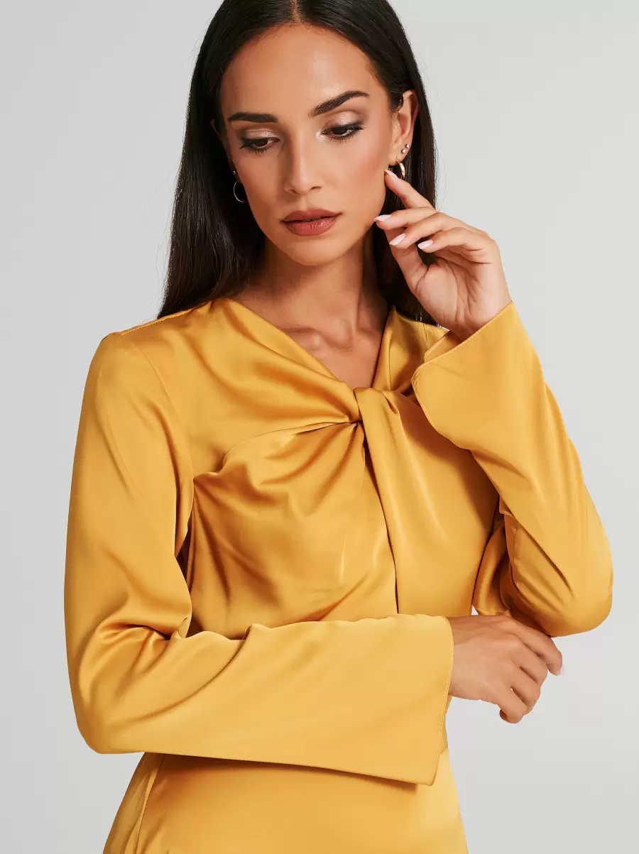 Exceptional Ocra Yellow Dresses & Jumpsuits Women Satin Dress With Knot - 3