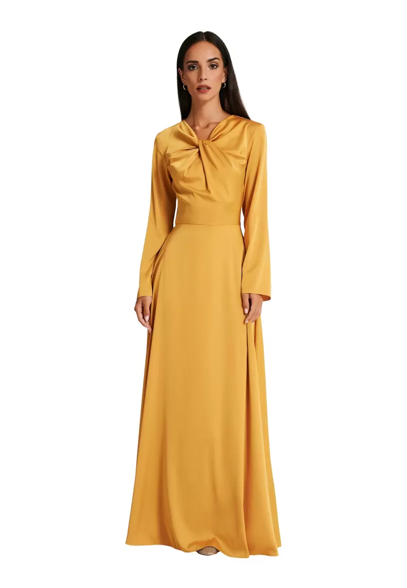 Exceptional Ocra Yellow Dresses & Jumpsuits Women Satin Dress With Knot - 4