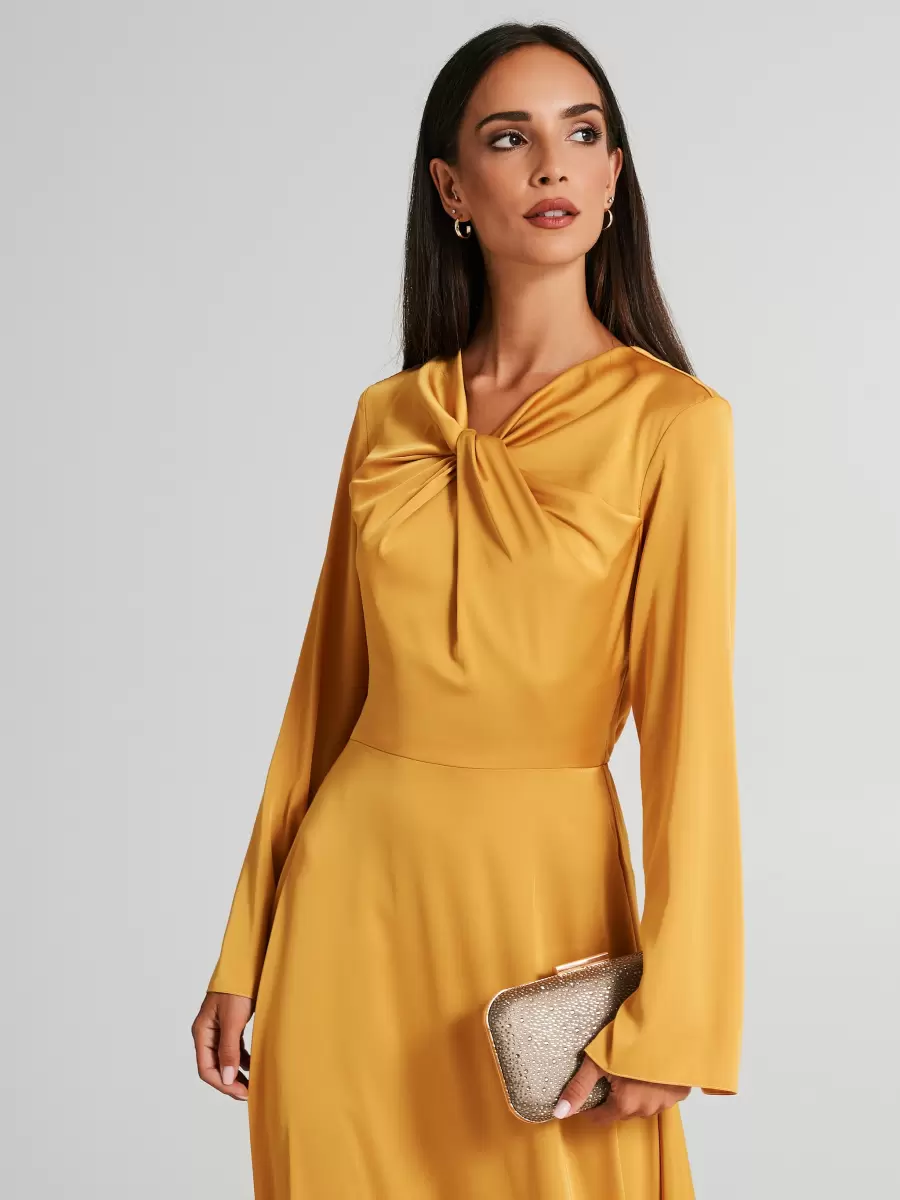 Exceptional Ocra Yellow Dresses & Jumpsuits Women Satin Dress With Knot - 5