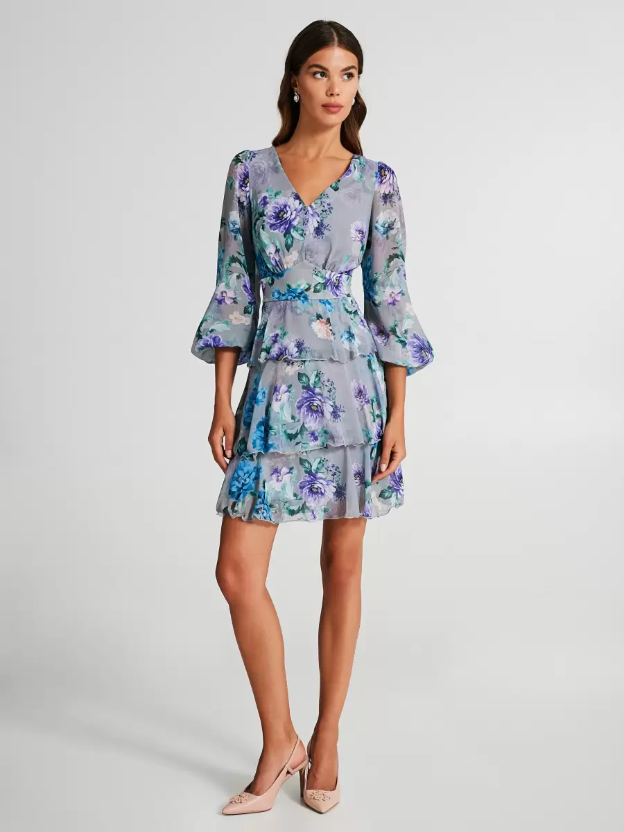 Flouncy Floral Print Dress Comfortable Dresses & Jumpsuits Women Var Grey Pearl - 1