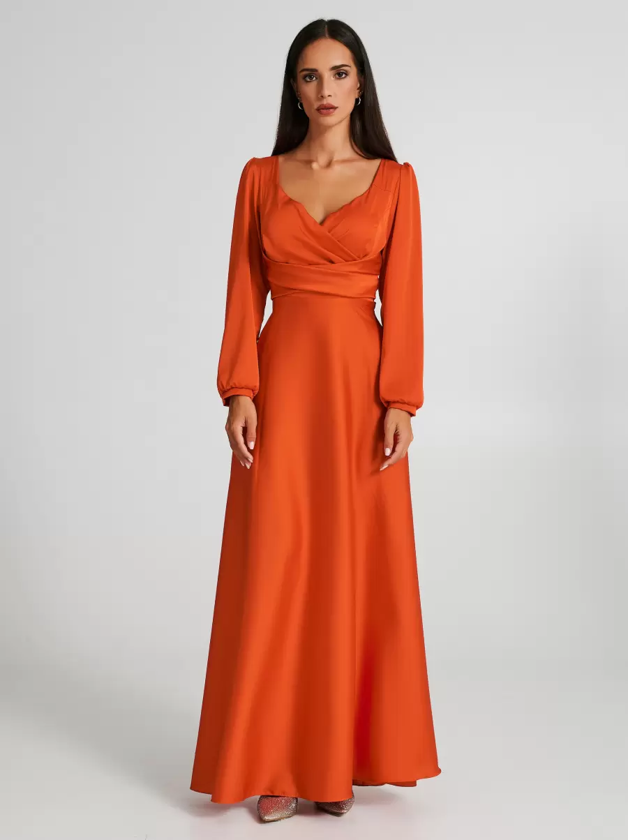 Bold Orange Women Dresses & Jumpsuits Long Crossover Dress In Satin - 1