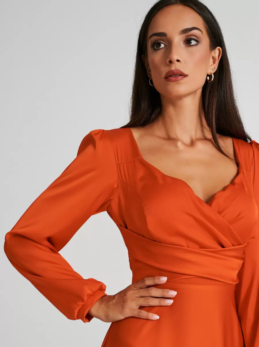 Bold Orange Women Dresses & Jumpsuits Long Crossover Dress In Satin - 3
