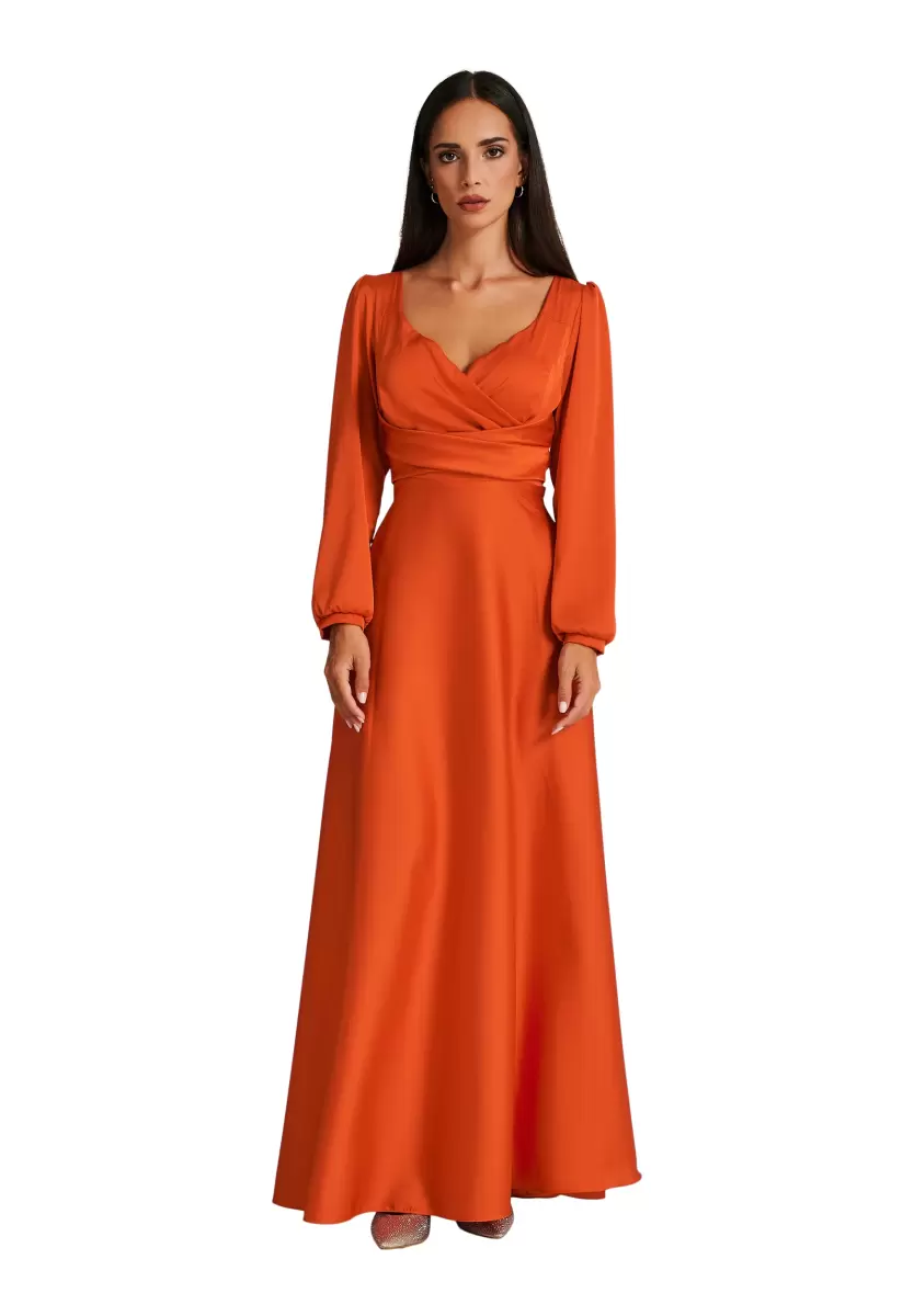 Bold Orange Women Dresses & Jumpsuits Long Crossover Dress In Satin - 4