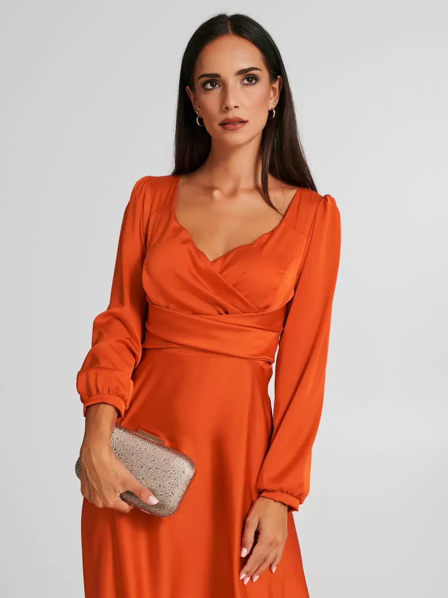 Bold Orange Women Dresses & Jumpsuits Long Crossover Dress In Satin - 5