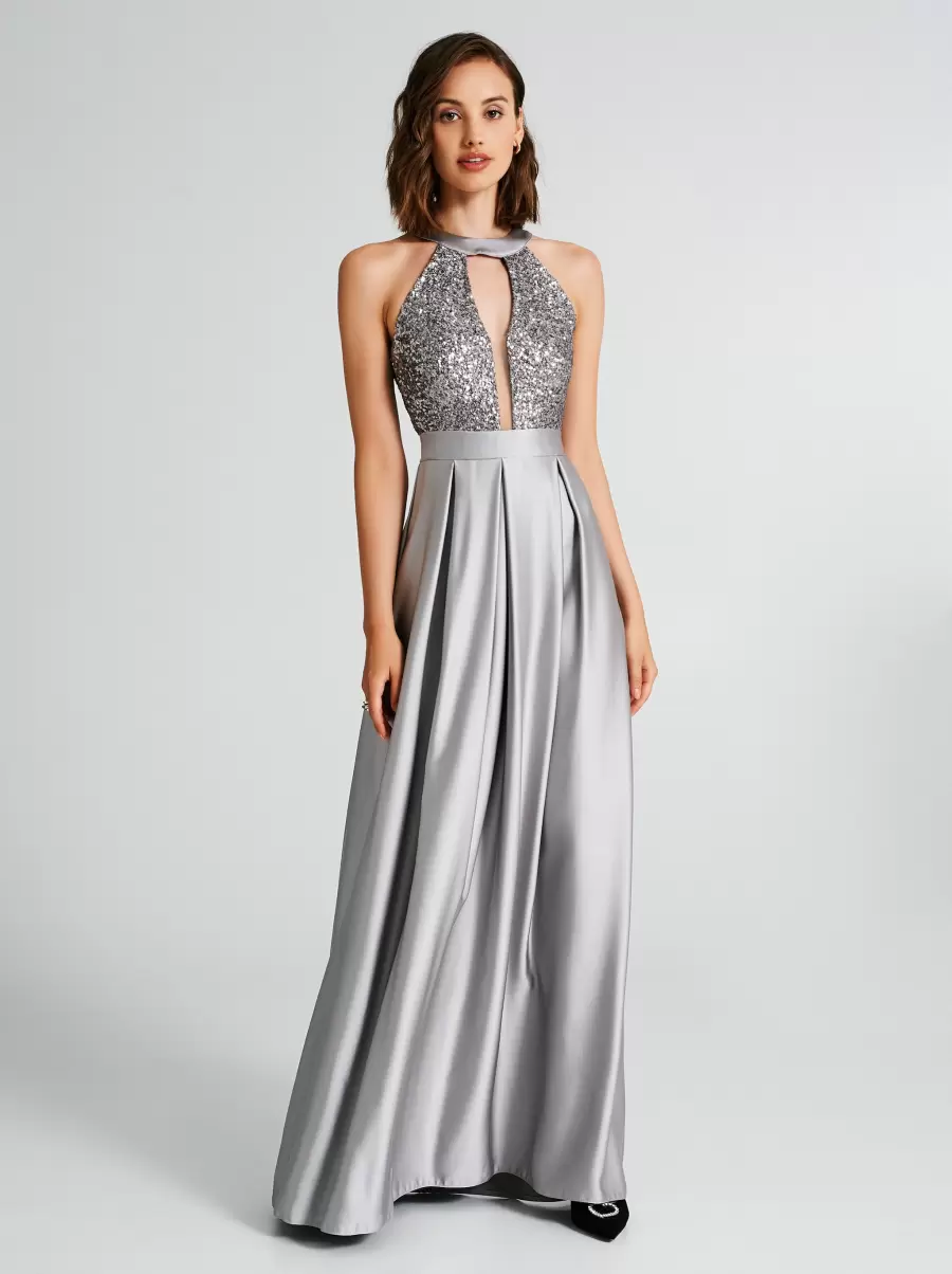 Heavy-Duty Women Dresses & Jumpsuits Long Dress In Satin With Sequins Silver - 1