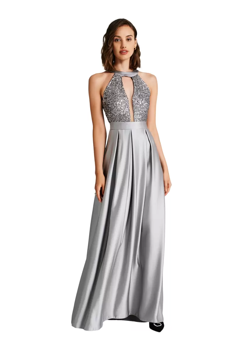 Heavy-Duty Women Dresses & Jumpsuits Long Dress In Satin With Sequins Silver - 4