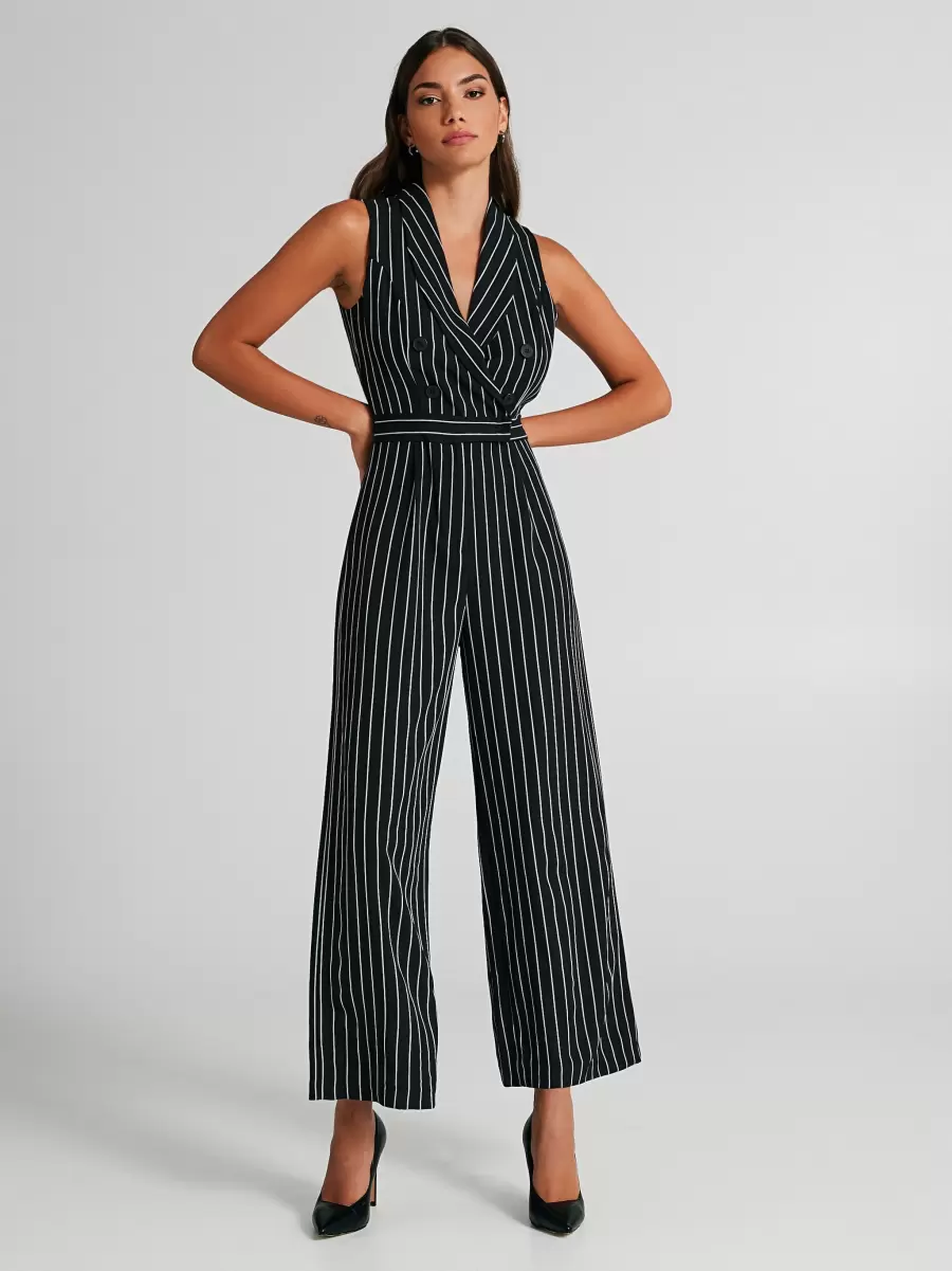 Dresses & Jumpsuits Black Pinstriped Jumpsuit With Buttons Ignite Women