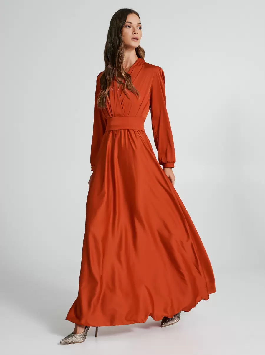 Dresses & Jumpsuits Long Satin Dress With Full Skirt Handcrafted Orange Women