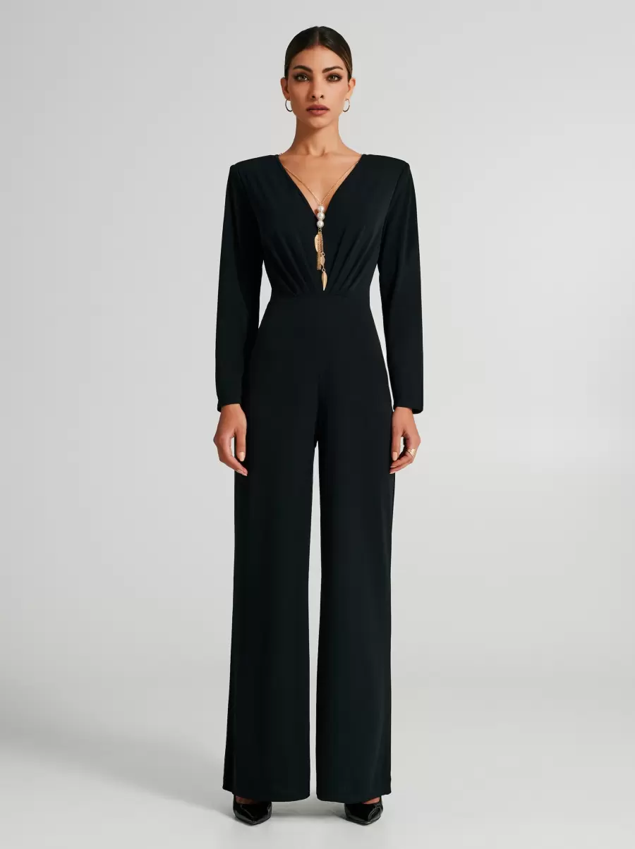 Black Women Liquidation Dresses & Jumpsuits Palazzo Jumpsuit With Jewelled Chain - 1