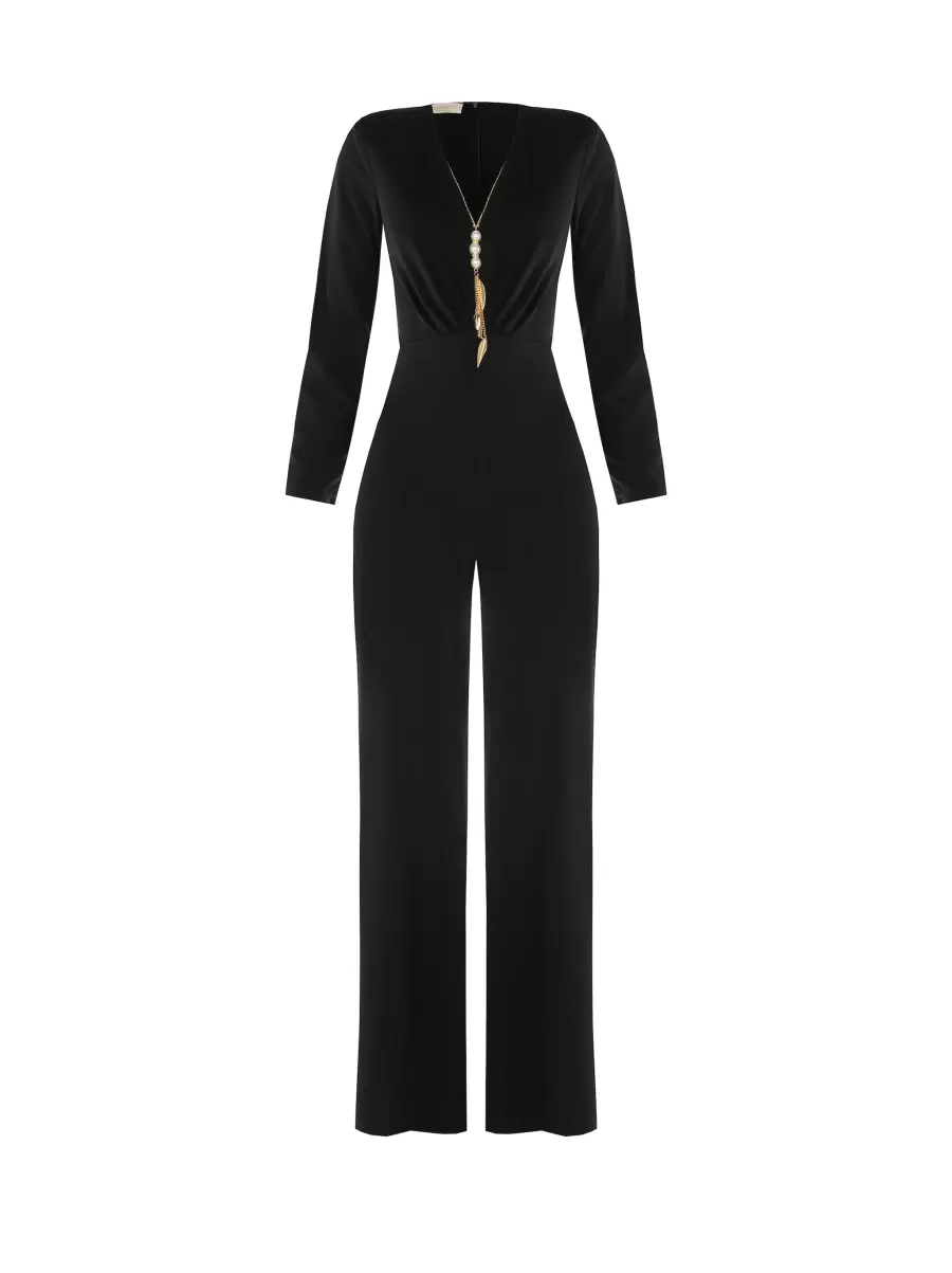 Black Women Liquidation Dresses & Jumpsuits Palazzo Jumpsuit With Jewelled Chain - 5