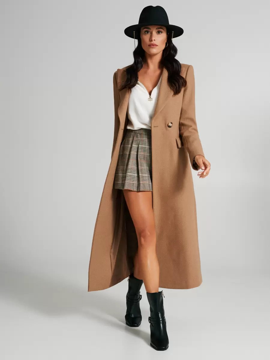 Camel Beige Cozy Long Coat With Two Buttons Women Coats & Down Jackets