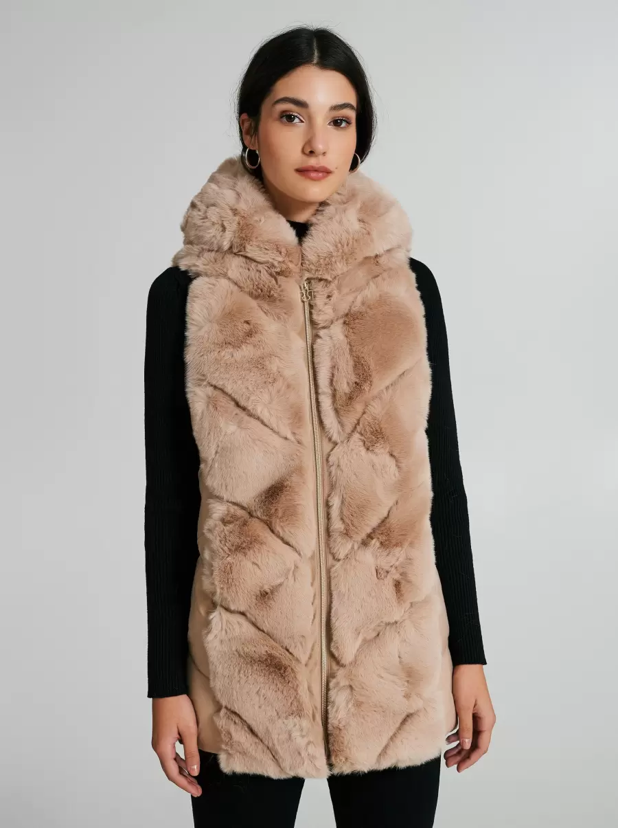 New Coats & Down Jackets Quilted Waistcoat With Faux Fur Inserts Women Beige - 2