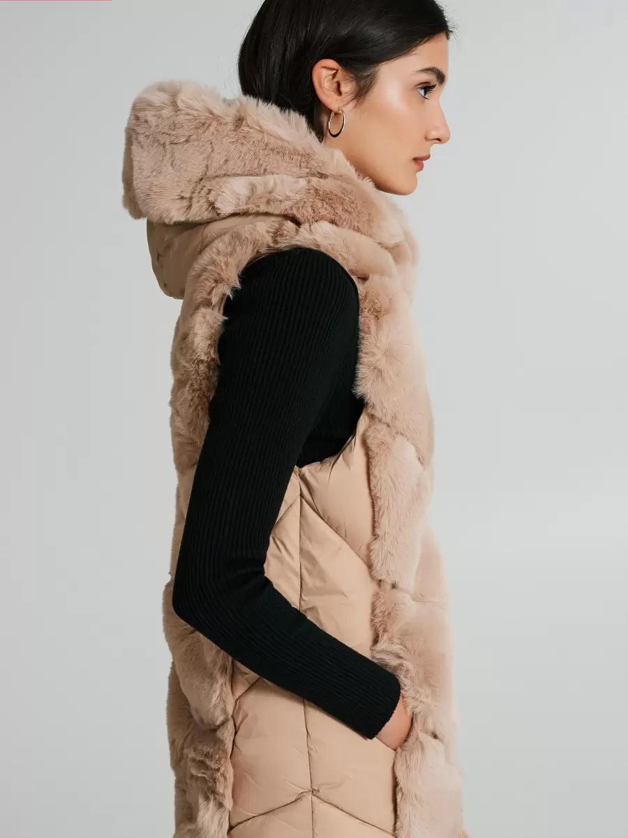 New Coats & Down Jackets Quilted Waistcoat With Faux Fur Inserts Women Beige - 4