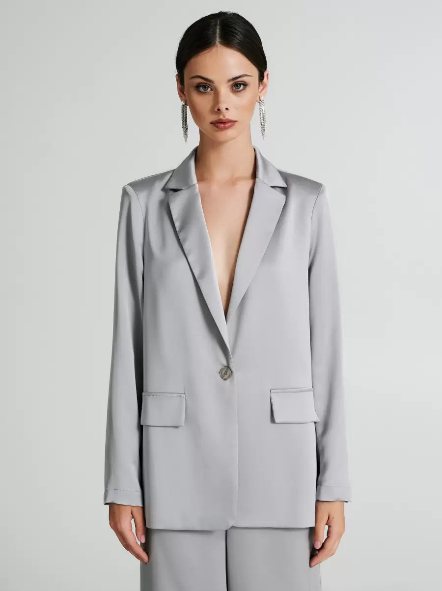 Women Oversized Satin Blazer Functional Grey Jackets & Waistcoat - 2