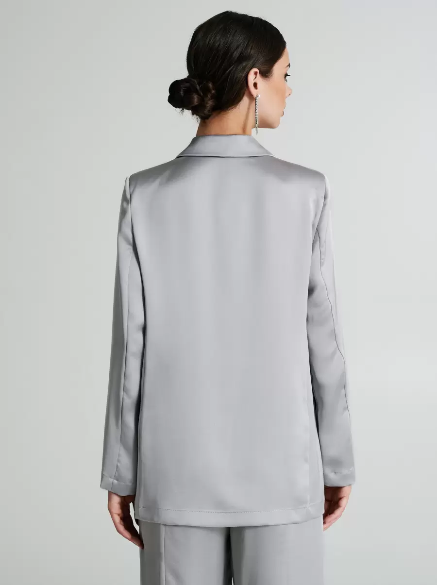 Women Oversized Satin Blazer Functional Grey Jackets & Waistcoat - 3