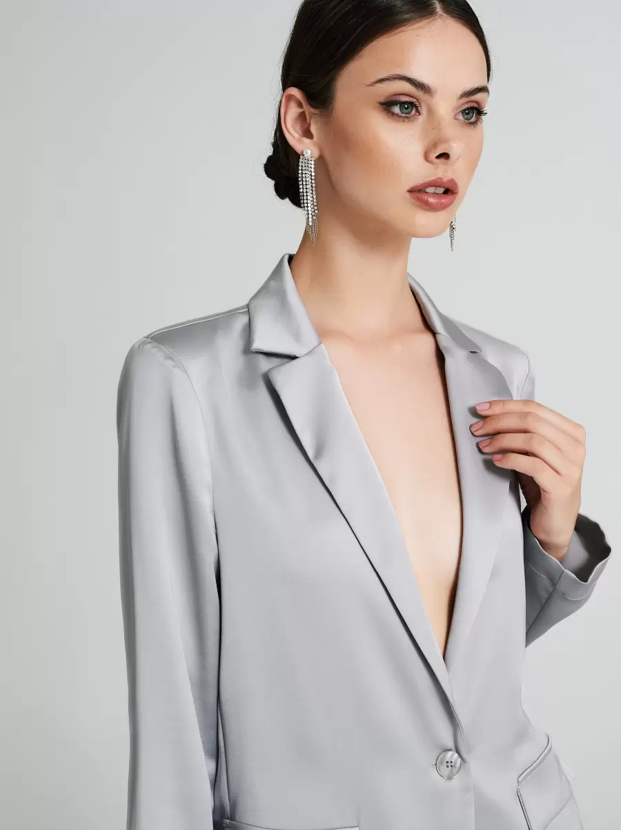 Women Oversized Satin Blazer Functional Grey Jackets & Waistcoat - 4