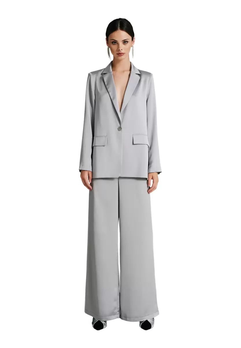 Women Oversized Satin Blazer Functional Grey Jackets & Waistcoat - 5