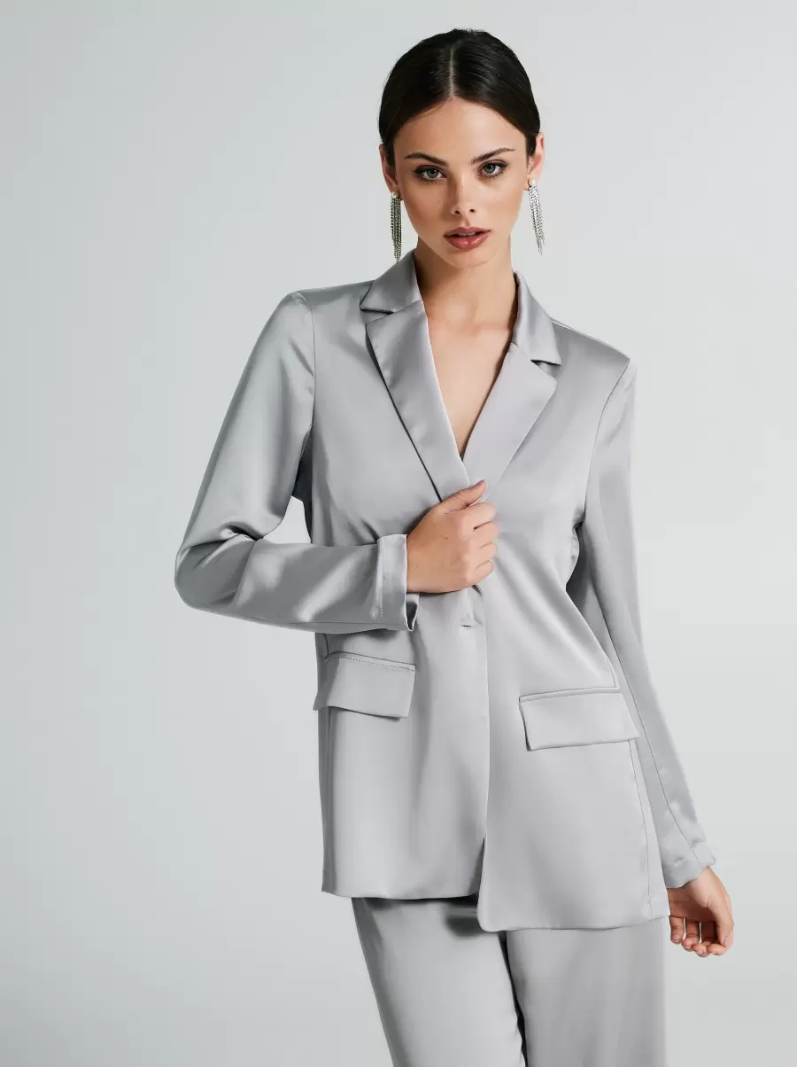 Women Oversized Satin Blazer Functional Grey Jackets & Waistcoat