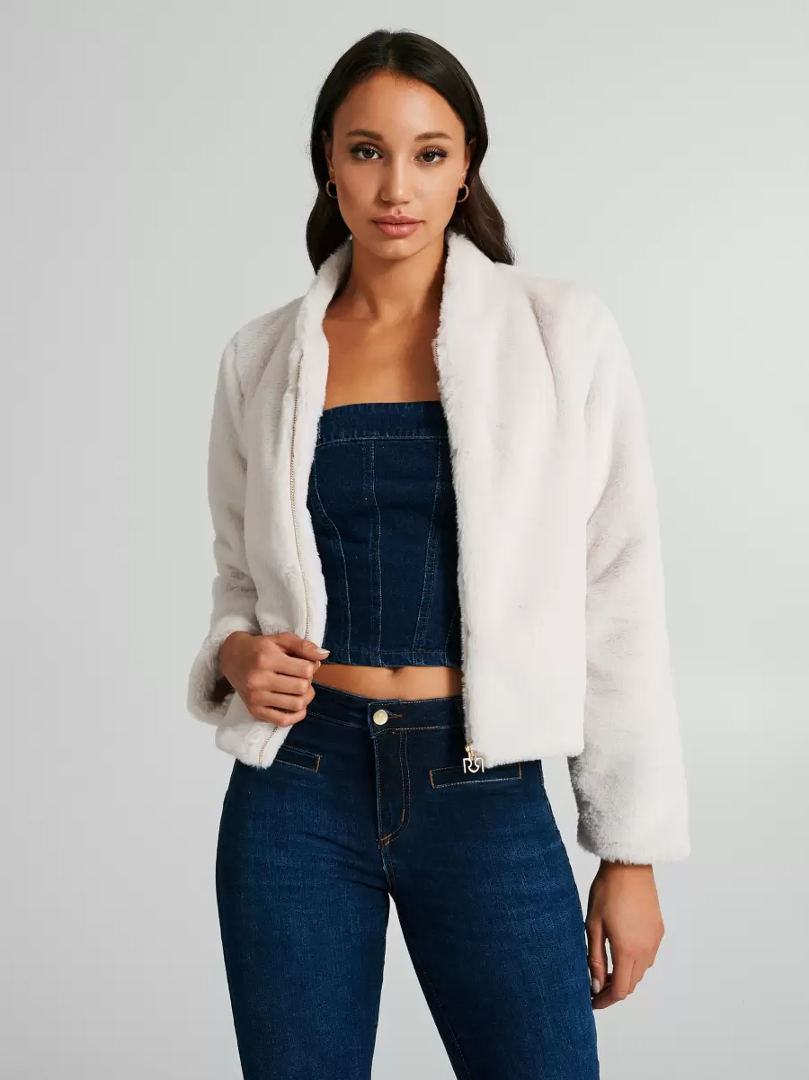 Faux Fur Jacket With Zip Limited Time Offer White Cream Women Jackets & Waistcoat