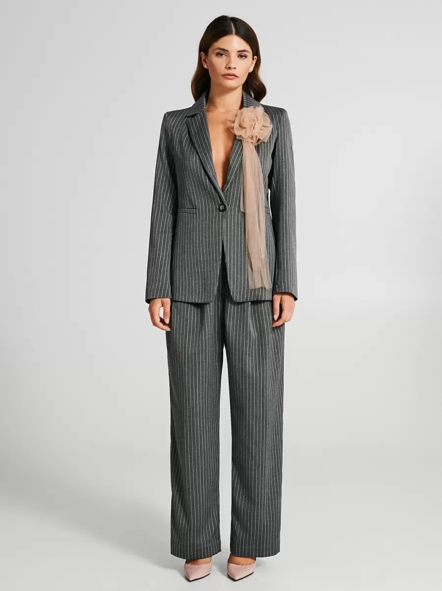 Var Grey Women Affordable Jackets & Waistcoat One-Button Pinstripe Jacket With Brooch - 1