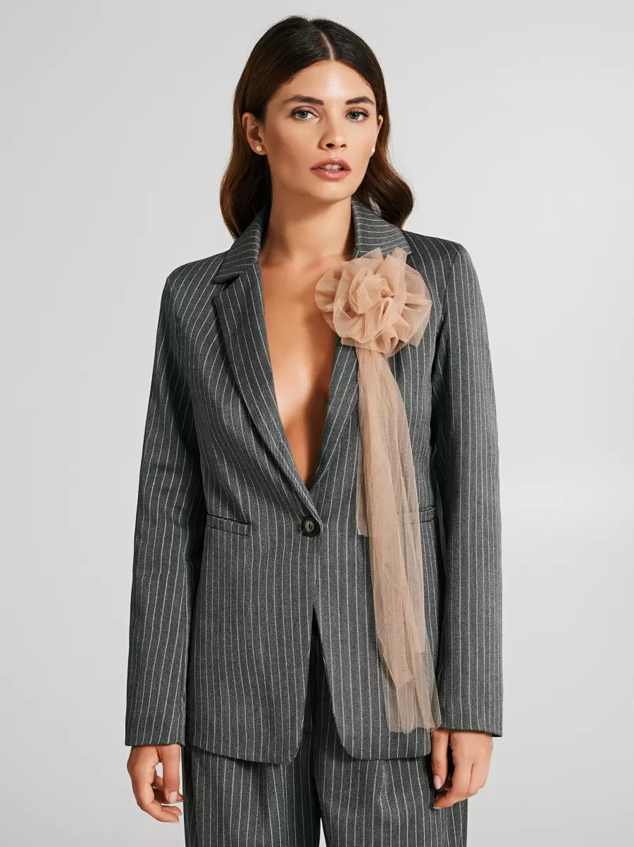 Var Grey Women Affordable Jackets & Waistcoat One-Button Pinstripe Jacket With Brooch - 2