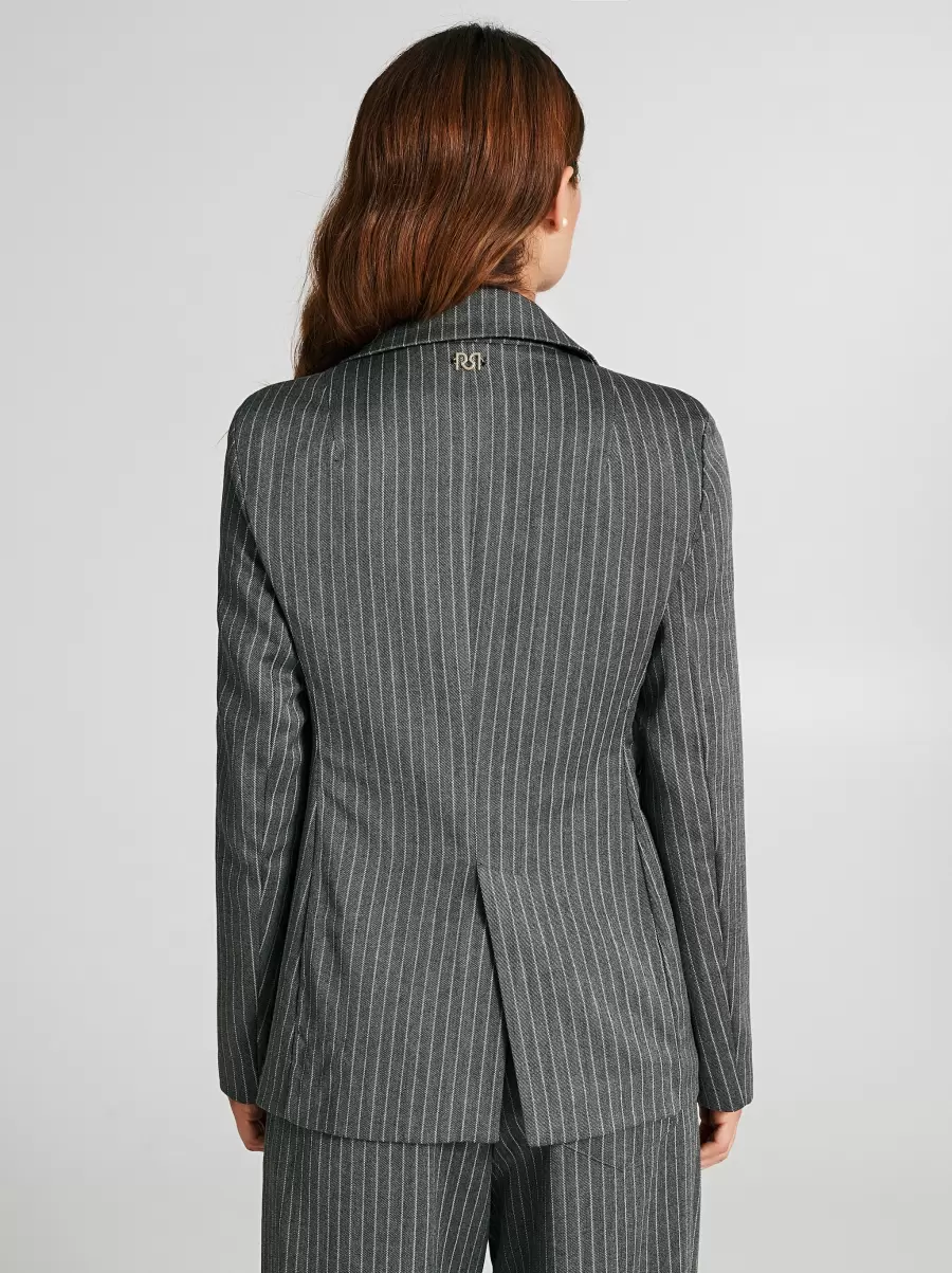 Var Grey Women Affordable Jackets & Waistcoat One-Button Pinstripe Jacket With Brooch - 3