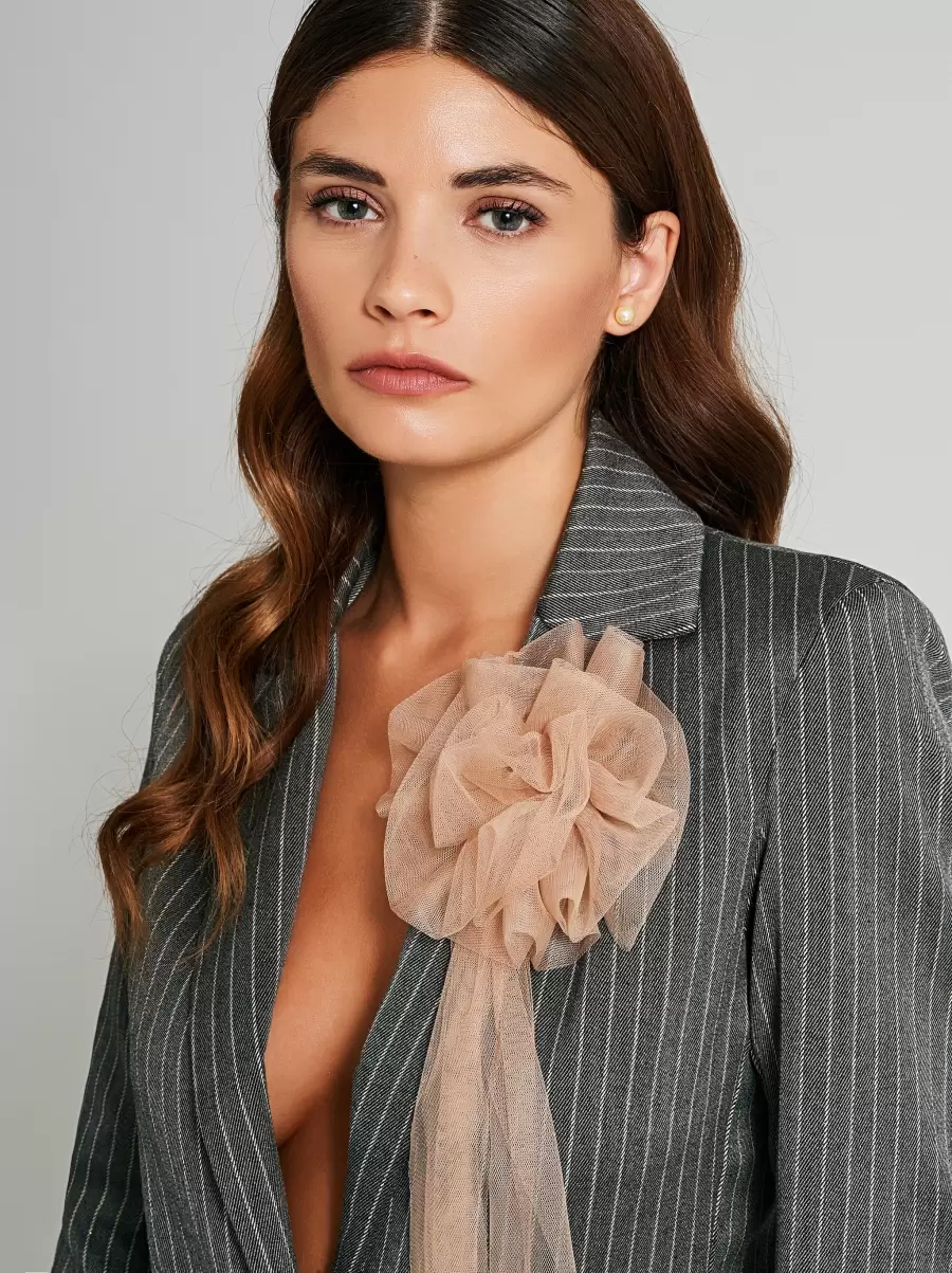 Var Grey Women Affordable Jackets & Waistcoat One-Button Pinstripe Jacket With Brooch - 4