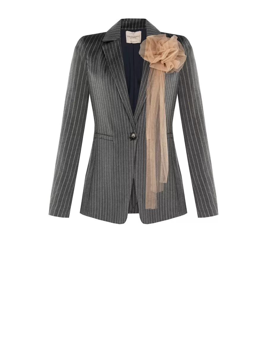 Var Grey Women Affordable Jackets & Waistcoat One-Button Pinstripe Jacket With Brooch - 6
