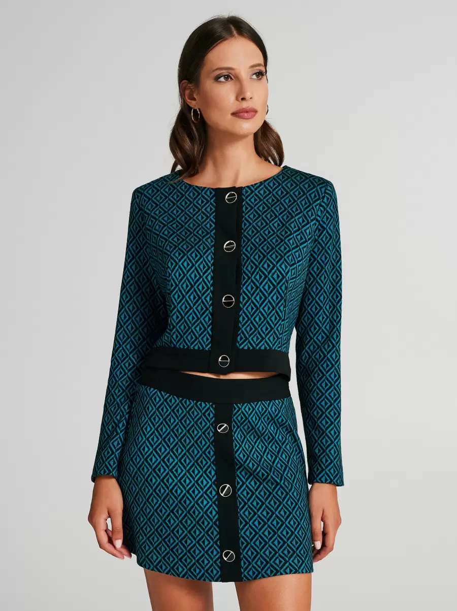 Jackets & Waistcoat Var Green Petroil Women Exceed Cropped Knit Cardigan With A Geometric Print - 2