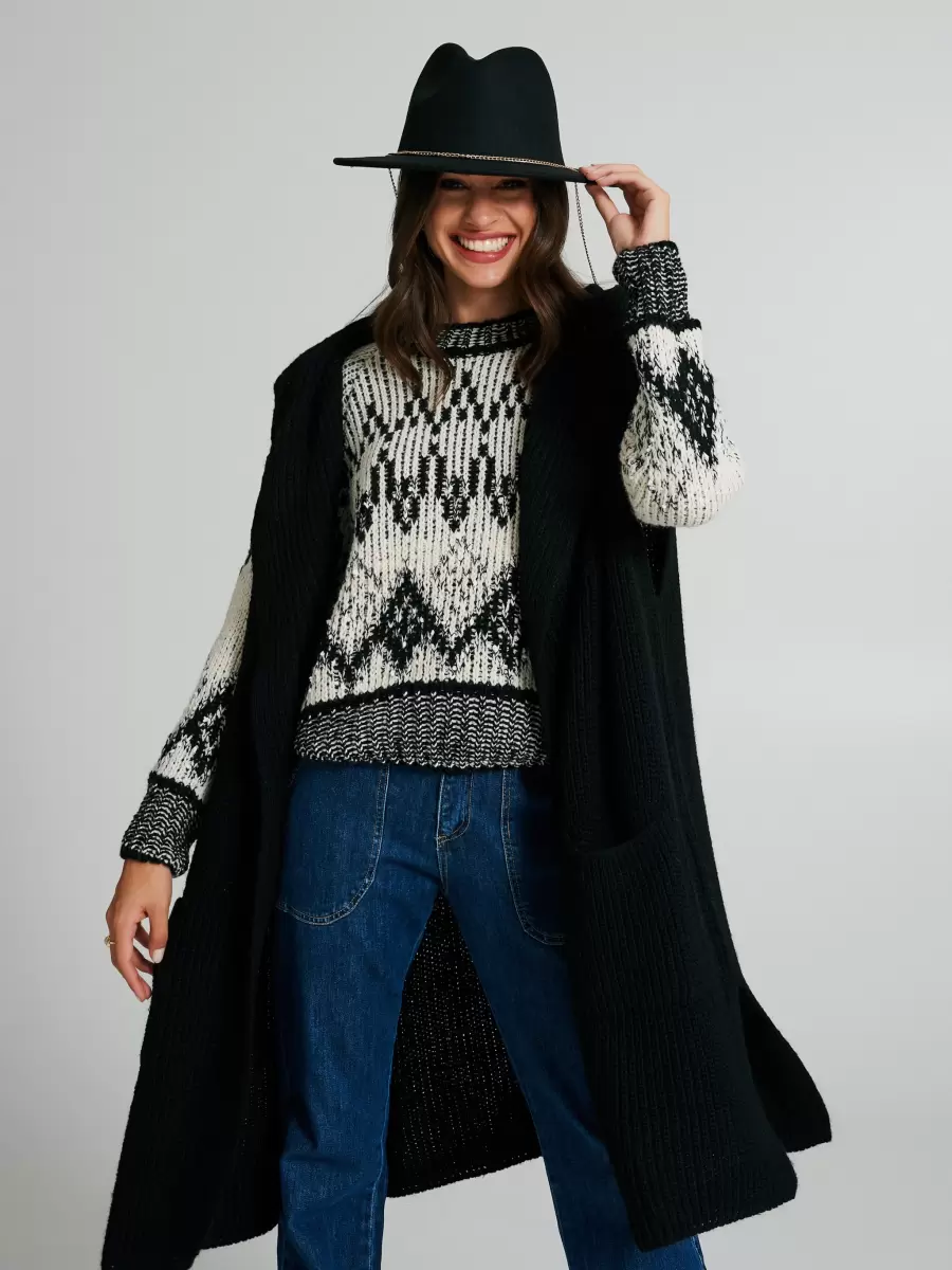Long Knitted Waistcoat With Hood Jackets & Waistcoat Retro Women Black - 4