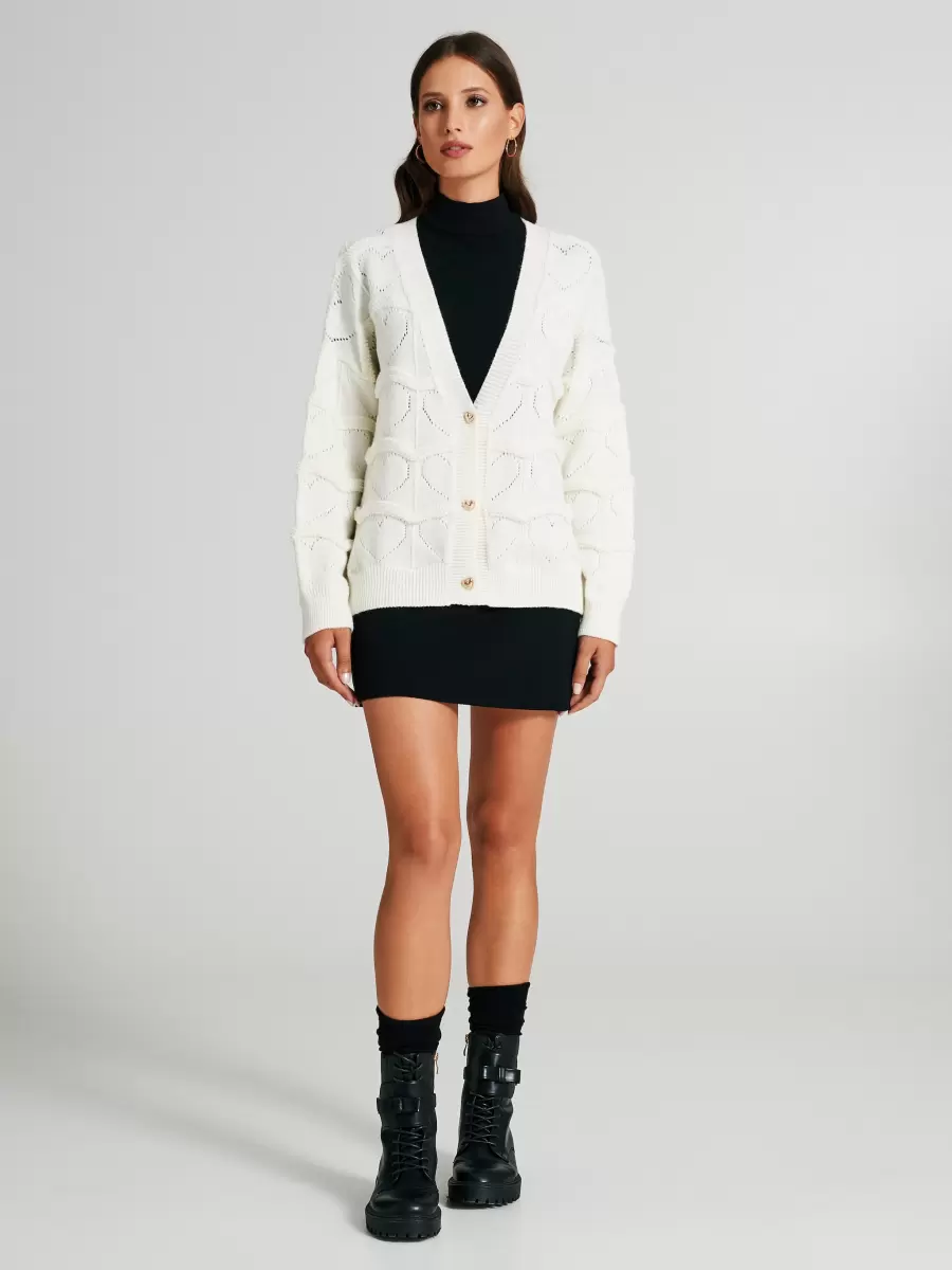 Wholesome Cardigan With Heart-Shaped Knit Pattern Jackets & Waistcoat White Cream Women - 1