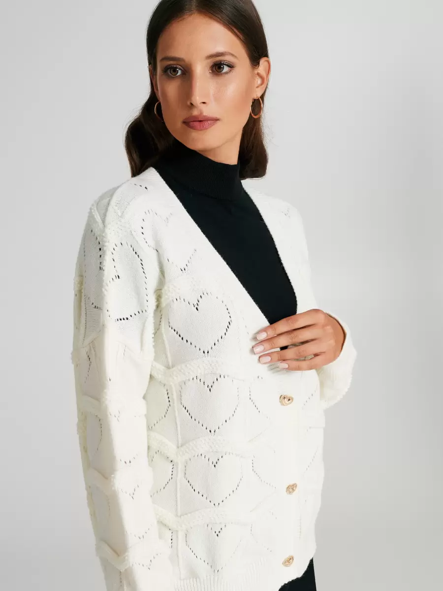 Wholesome Cardigan With Heart-Shaped Knit Pattern Jackets & Waistcoat White Cream Women - 4