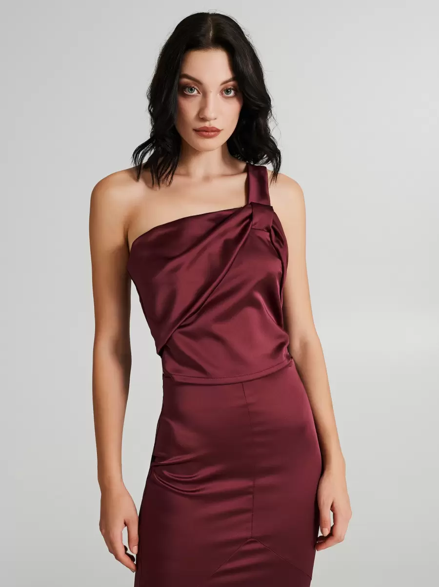 Aubergine Violet One-Shoulder Satin Top With A Bow Women Free Suits - 2