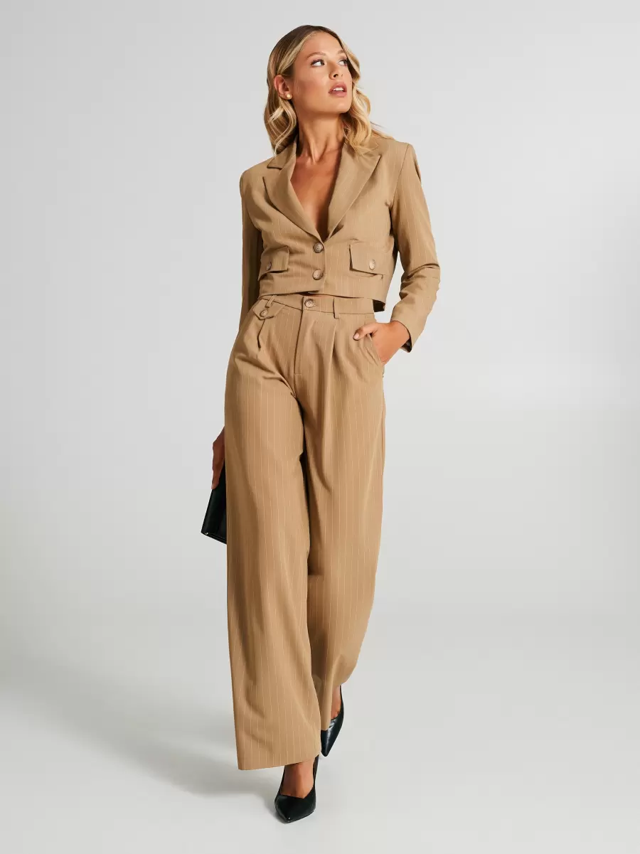 Fashionable Var Beige Women Striped Palazzo Trousers Suits