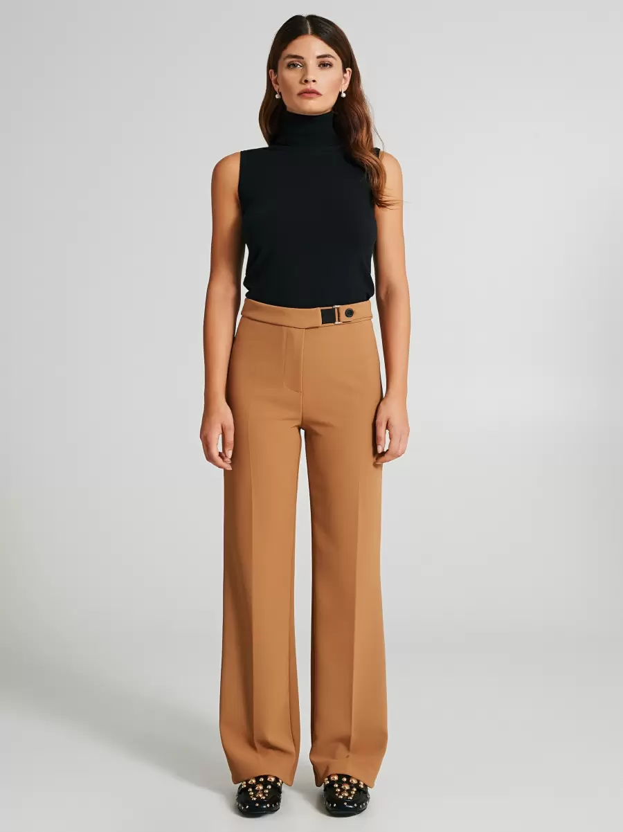 Camel Beige Straight-Cut Trousers With Cinched Waistband Suits Women Final Clearance - 1