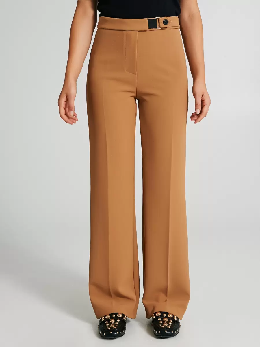 Camel Beige Straight-Cut Trousers With Cinched Waistband Suits Women Final Clearance - 2
