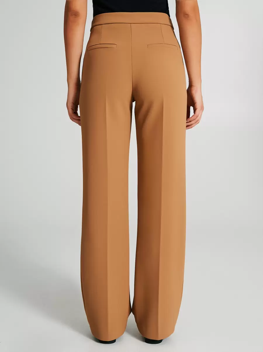 Camel Beige Straight-Cut Trousers With Cinched Waistband Suits Women Final Clearance - 3