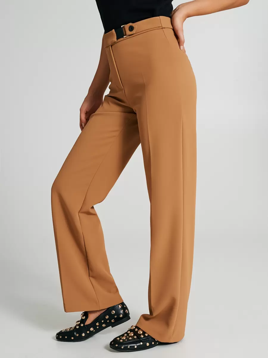 Camel Beige Straight-Cut Trousers With Cinched Waistband Suits Women Final Clearance - 5