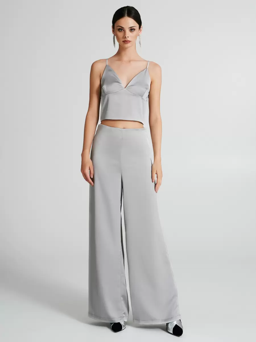 Women Satin Crop Top Tailor-Made Grey Suits - 1