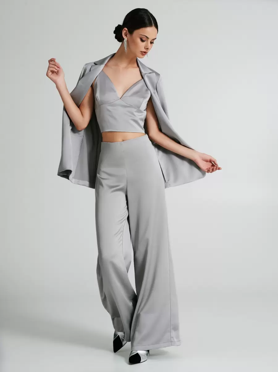 Women Satin Crop Top Tailor-Made Grey Suits - 6