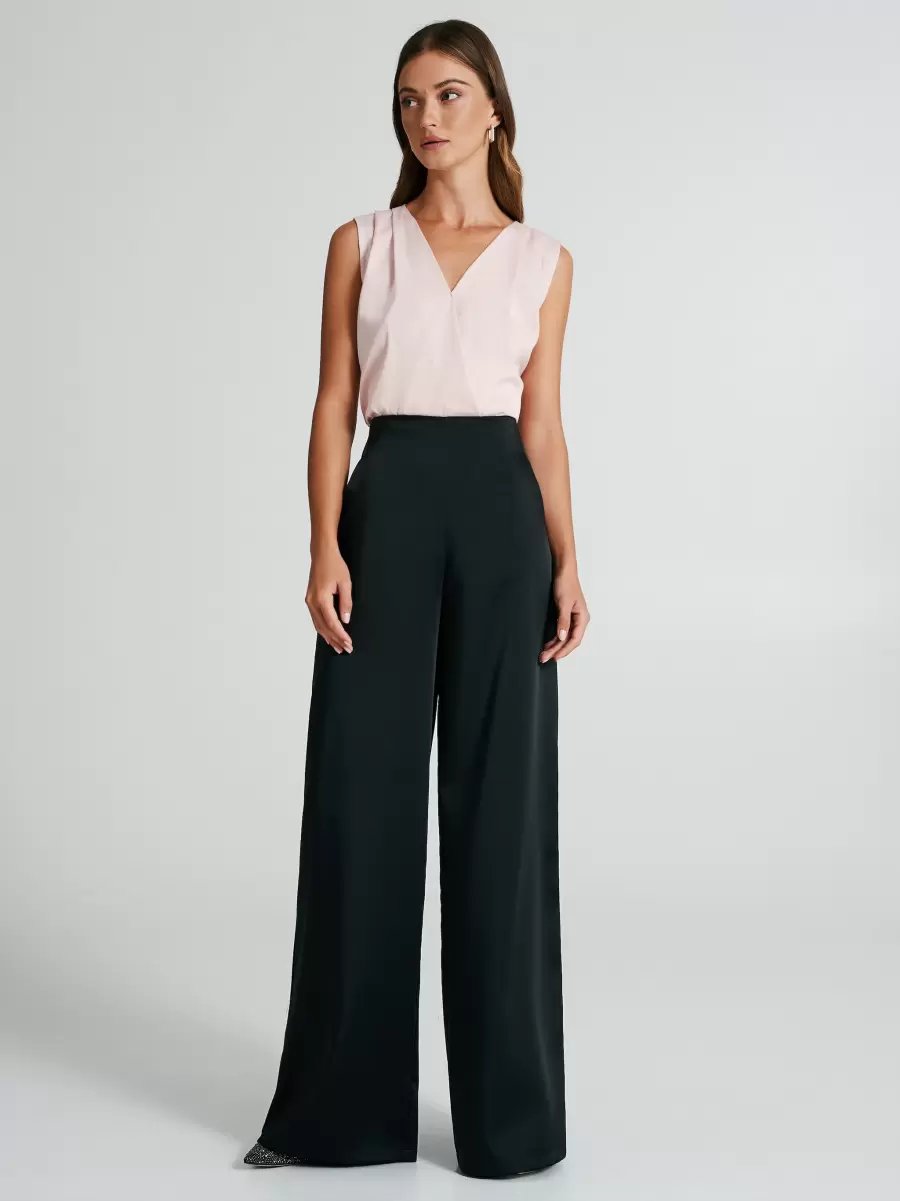 Women Black Satin Palazzo Trousers Relaxing Suits - 1