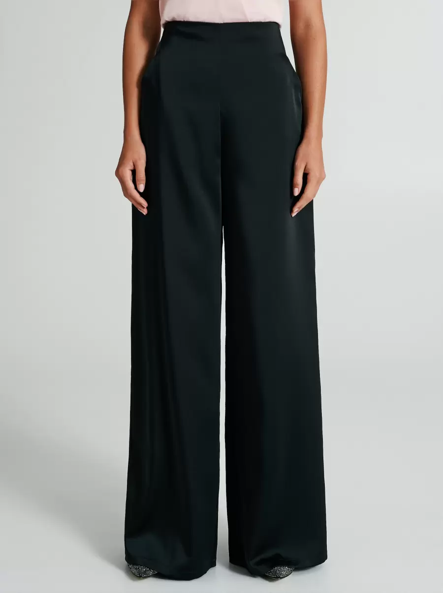Women Black Satin Palazzo Trousers Relaxing Suits - 2