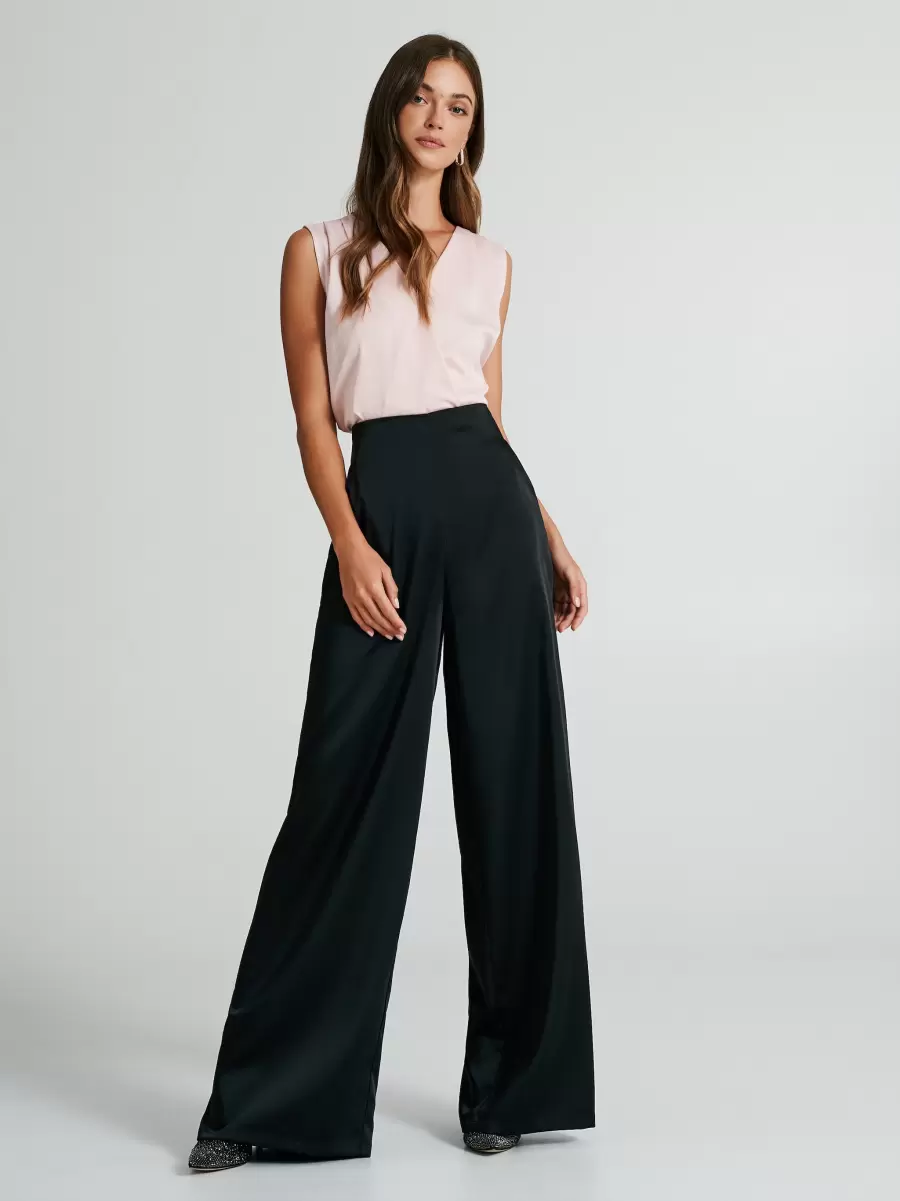 Women Black Satin Palazzo Trousers Relaxing Suits