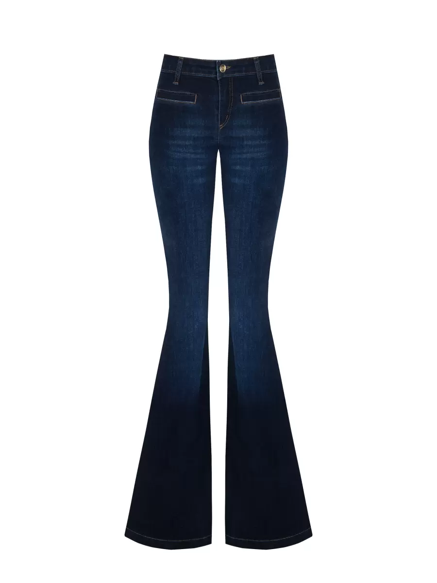 Women Dark Wash Flared Jeans High-Quality Blue Trousers & Jeans - 1