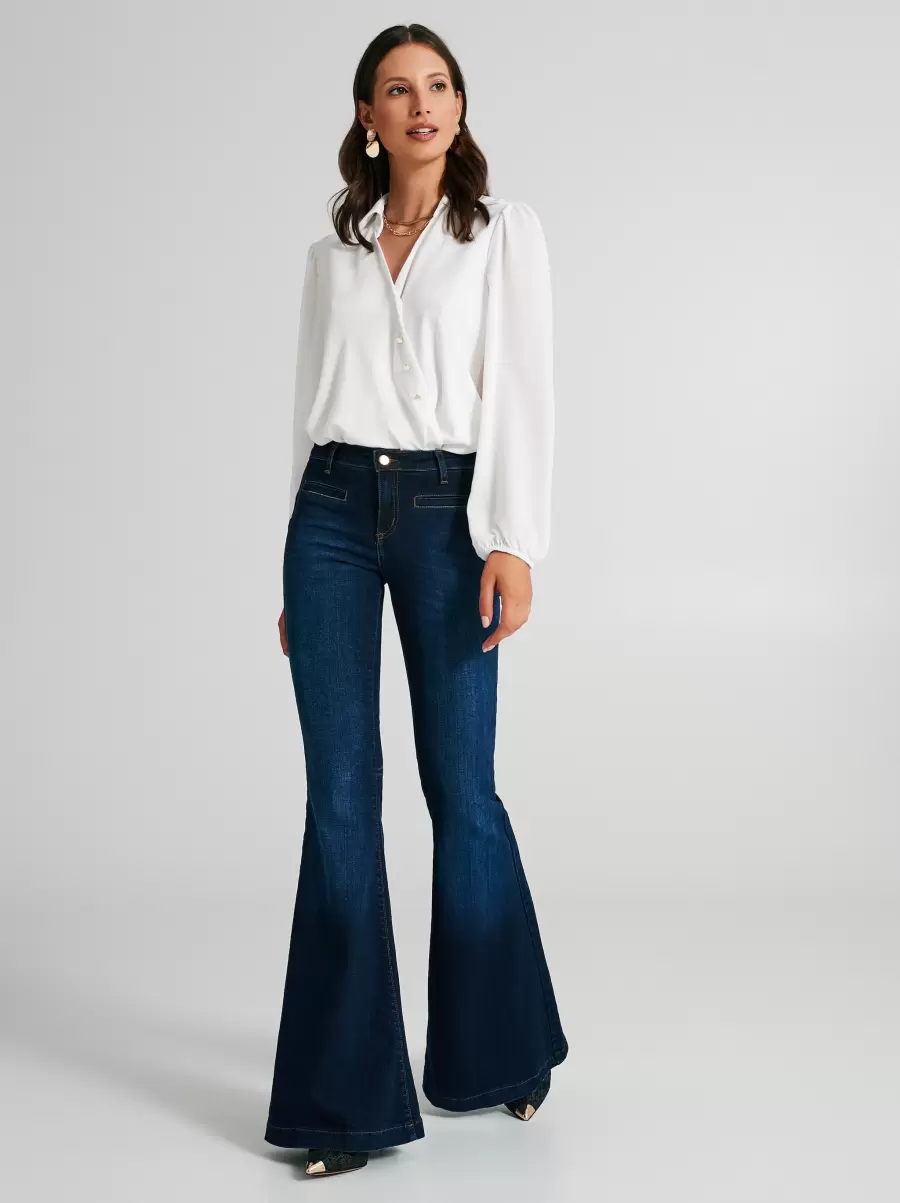 Women Dark Wash Flared Jeans High-Quality Blue Trousers & Jeans