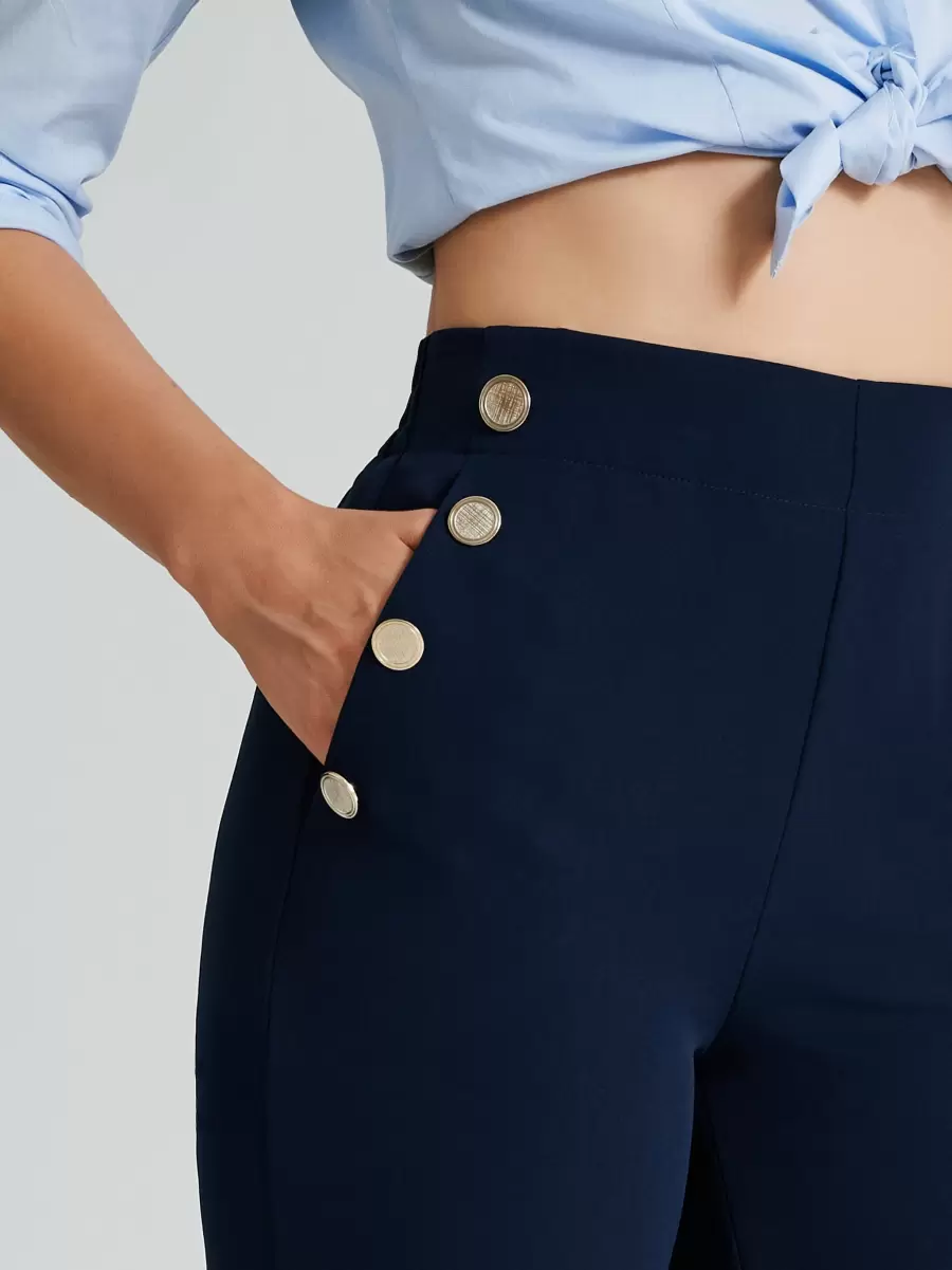 Women Blu Navy Trousers & Jeans Time-Limited Discount Trousers With 6 Buttons In Technical Fabric - 4