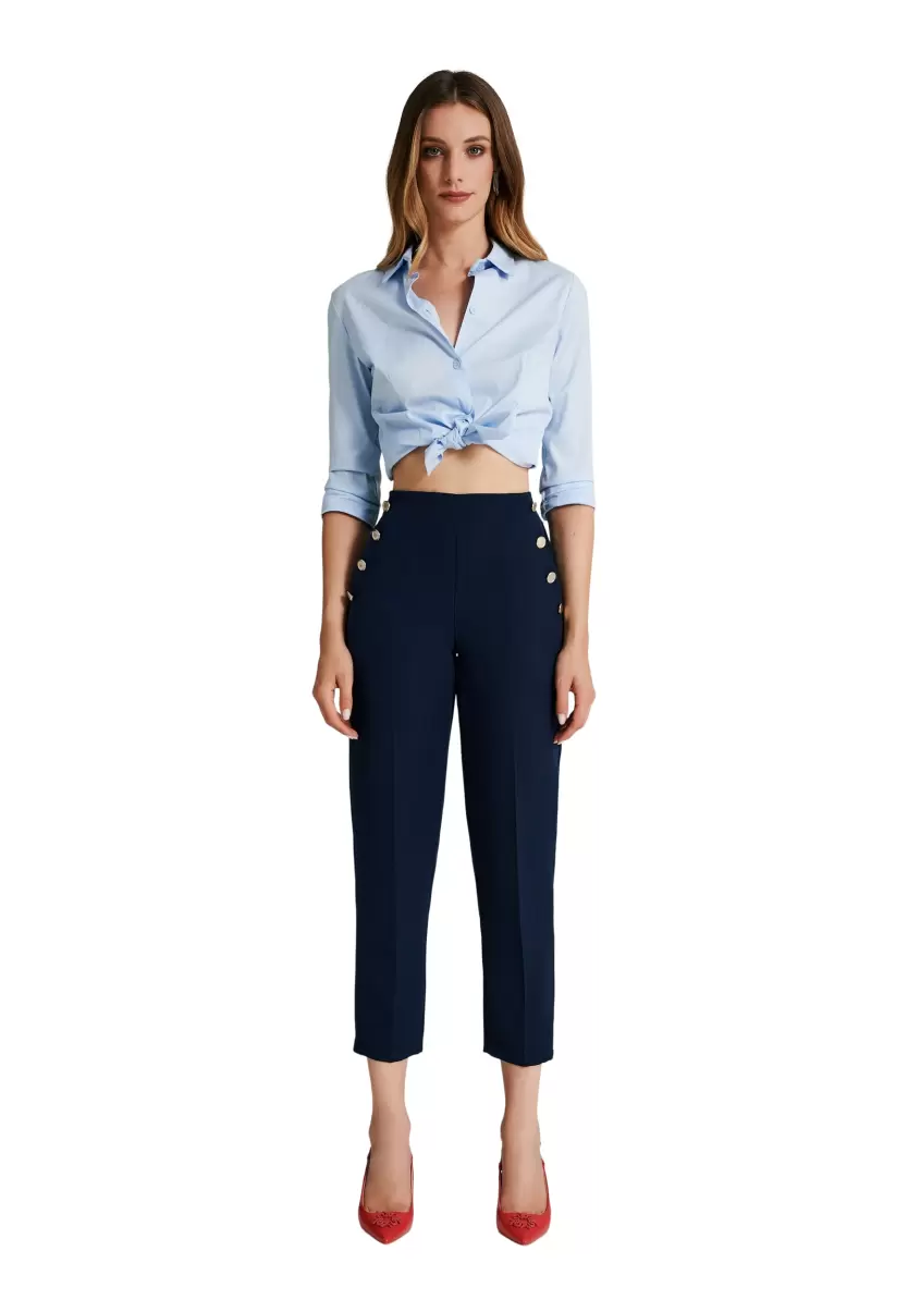 Women Blu Navy Trousers & Jeans Time-Limited Discount Trousers With 6 Buttons In Technical Fabric - 5